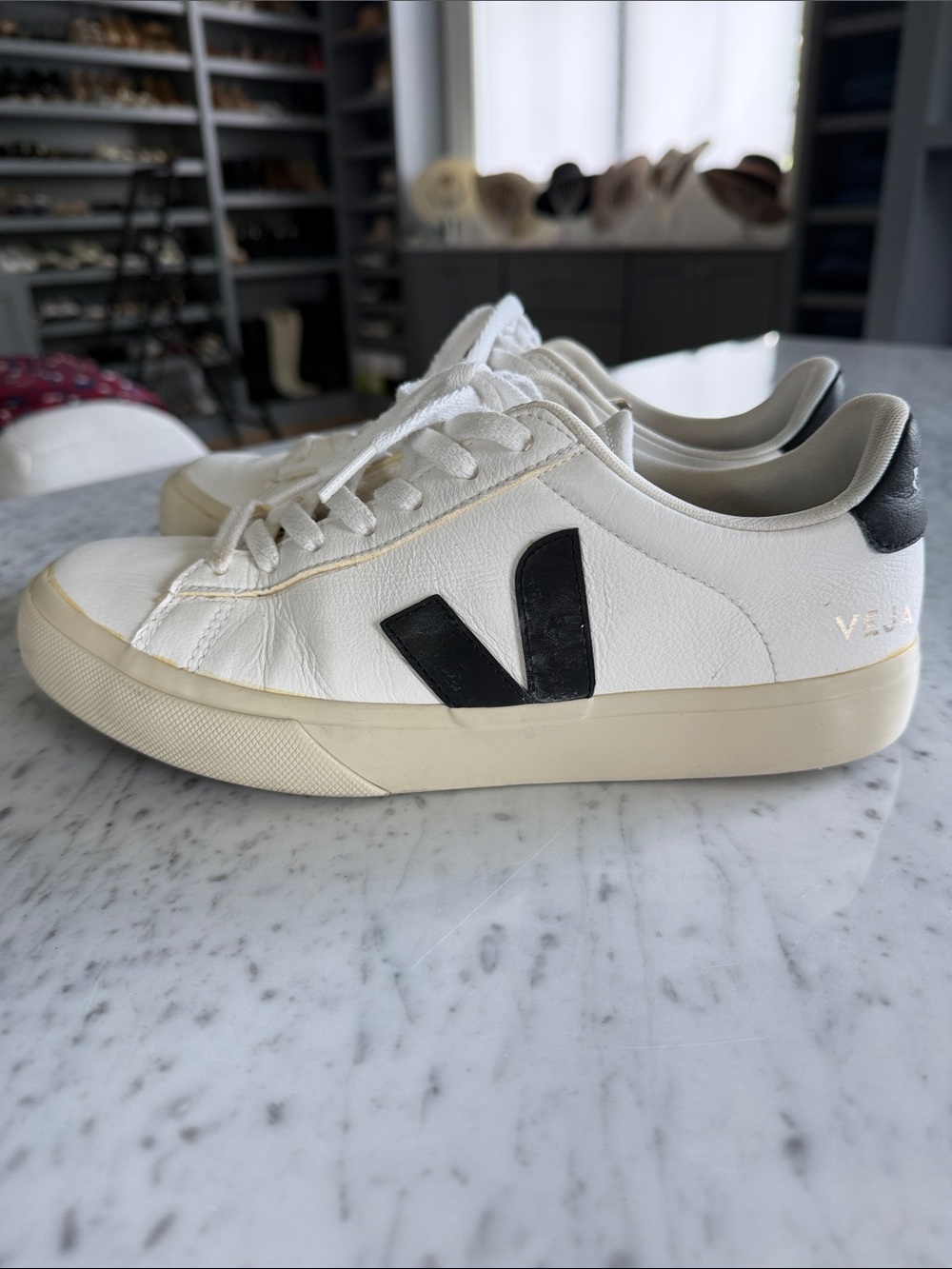 Veja Campos White Leather Sneakers with Black V Accent - Picture 5 of 9